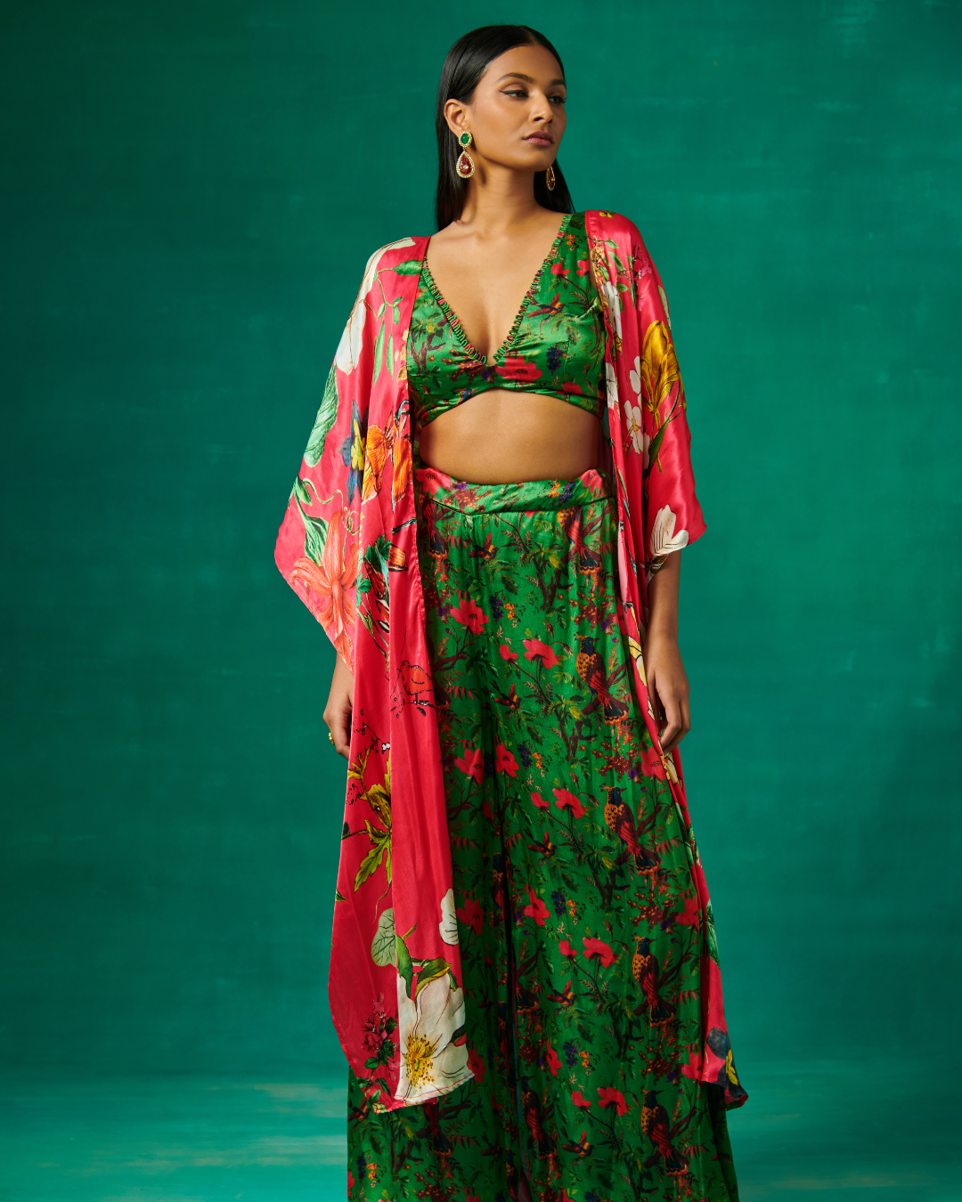 Sonali Bansal - Pink cape with green bustier and pants From Bageecha