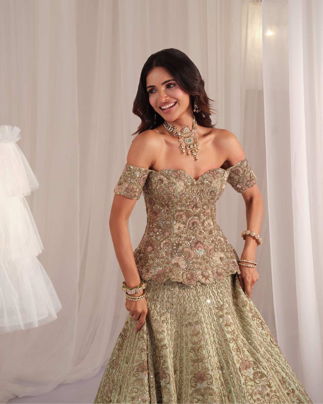 K&A By Karishma And Ashita - Sage Green Hand Embellished Peplum Corset with Lehenga & Dupatta From First Love