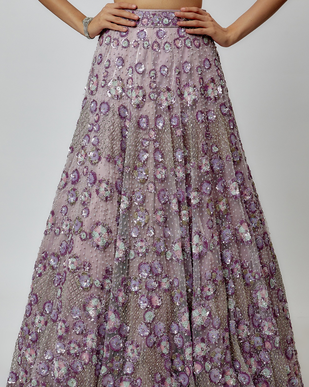 Isa by Dolly Wahal - Lilac Net Embroidered Lehenga Set