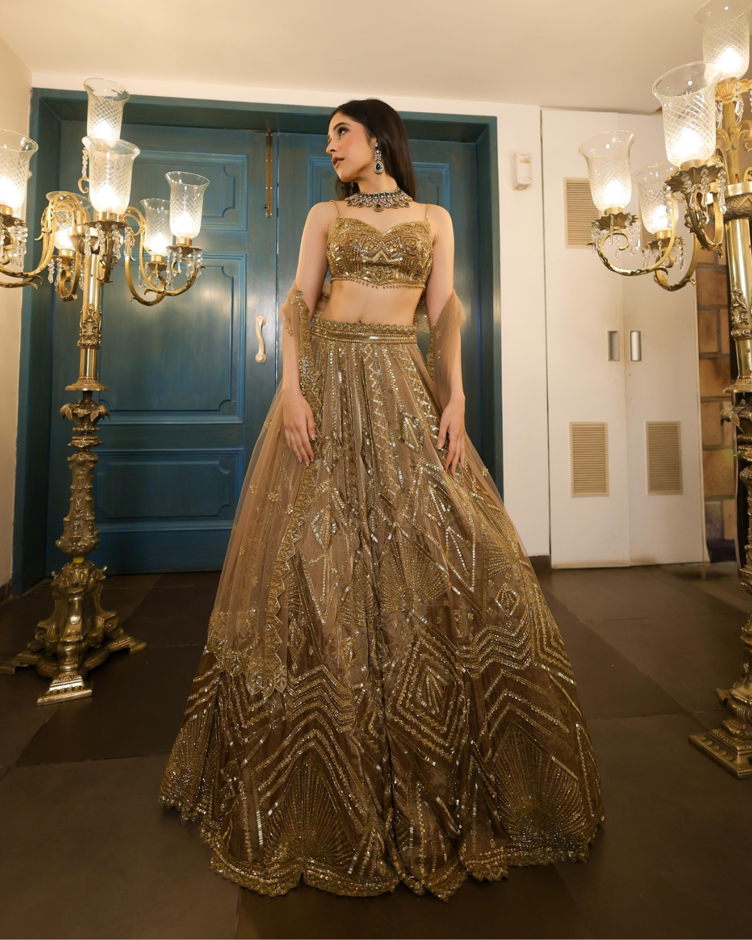 Isa by Dolly Wahal - Mocha Tissue Lehenga From Fiza