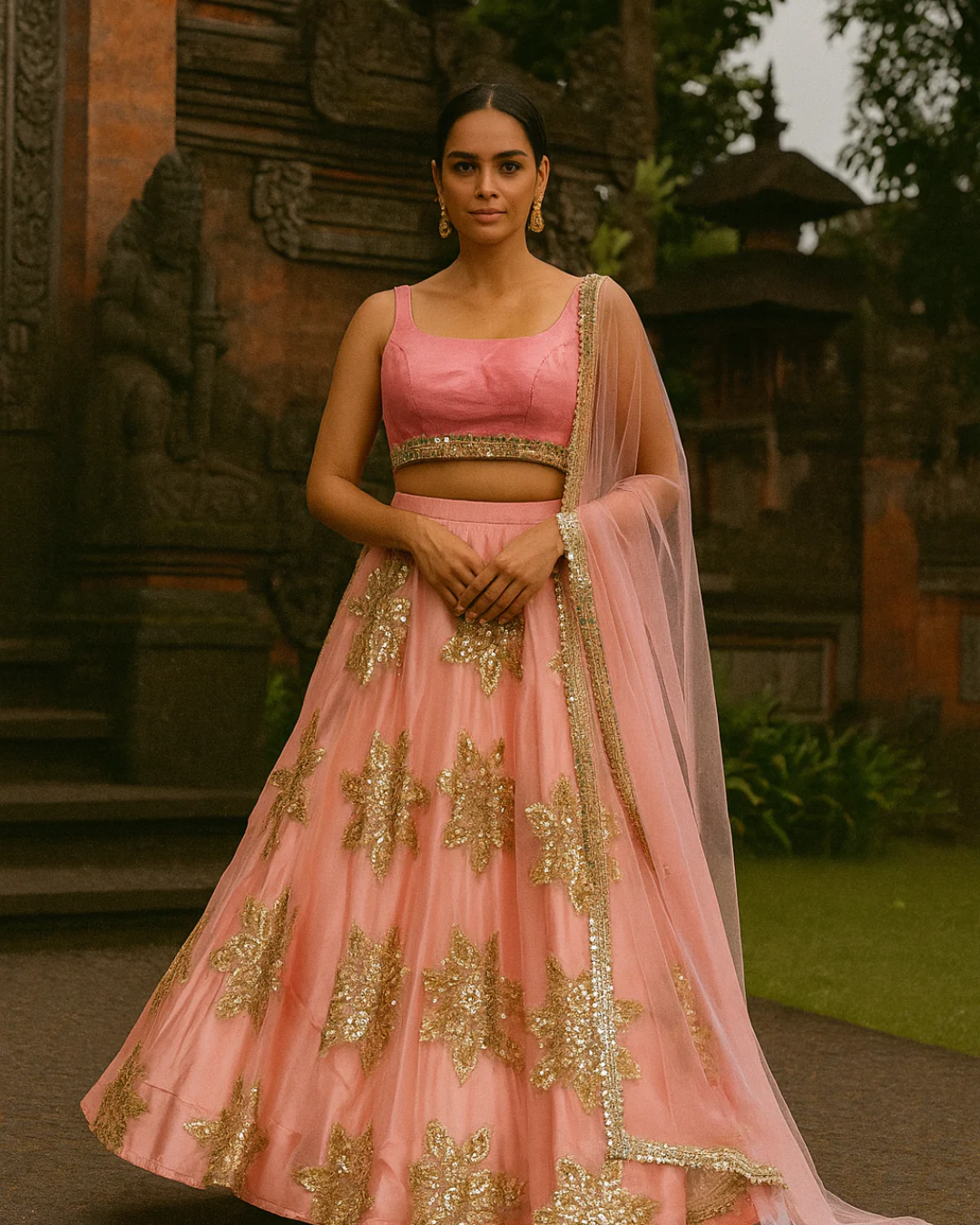 Anisha Shetty - Peach Lehenga Big Flower Motif Set