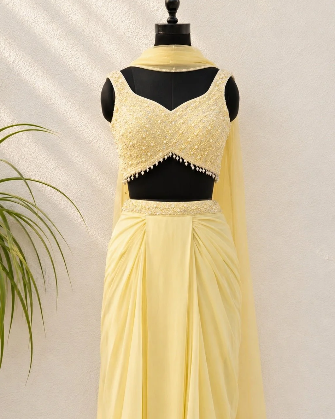 Anisha Shetty - Butter Yellow Sequin And Pearl Blouse With Pleated Skirt And Dupatta