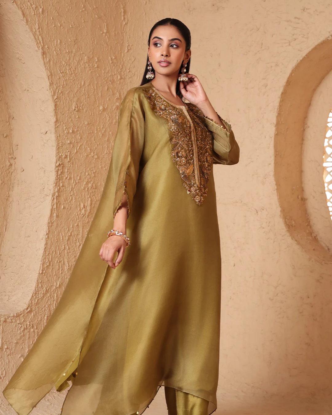 Niti Bothra -  Mehrang Olive Green Kaftan Kurta Set