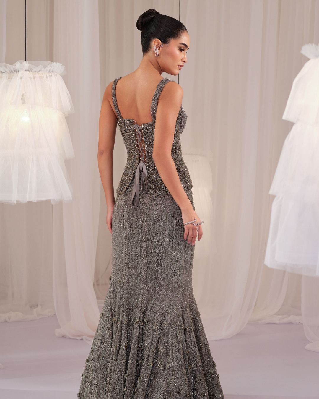 K&A By Karishma And Ashita - Stardust Grey Crystal Corset With Fishcut Lehenga From First Love