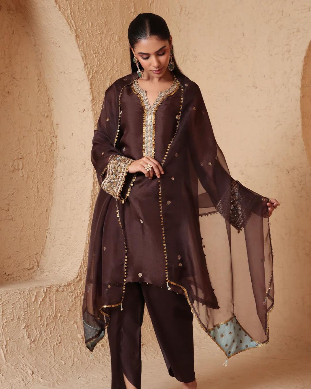 Niti Bothra - Zar-Rang Brown Short Kurta Set