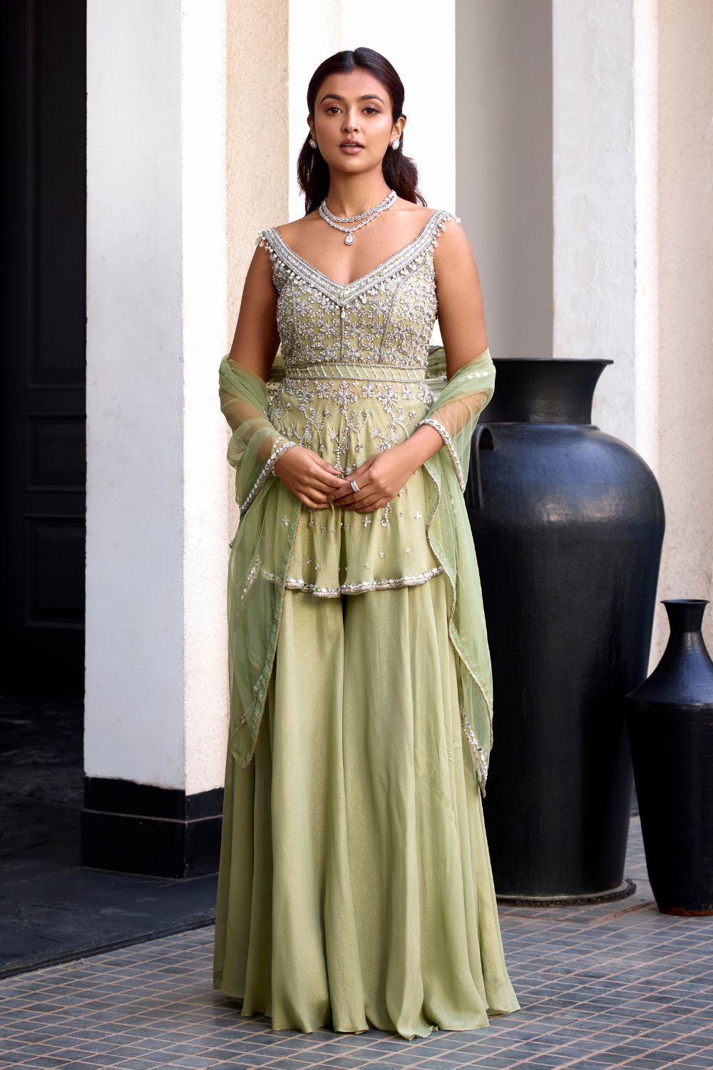 Sanya Gulati - Sage Green Off Shoulder Peplum Set from Kia & Kyara