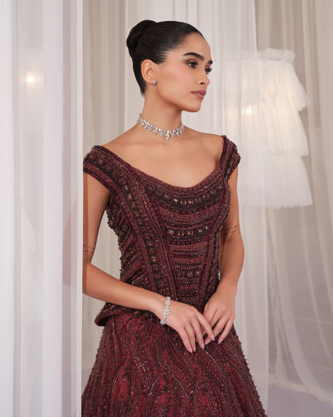 K&A By Karishma And Ashita - Deep Wine Hand Embellished Corset With Lehenga From First Love