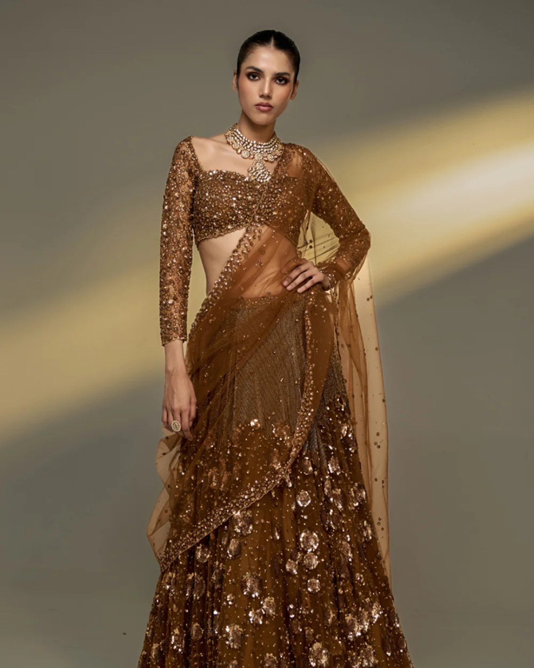 Prevasu - Copper Gold Lehenga Set From The Mocha Edit