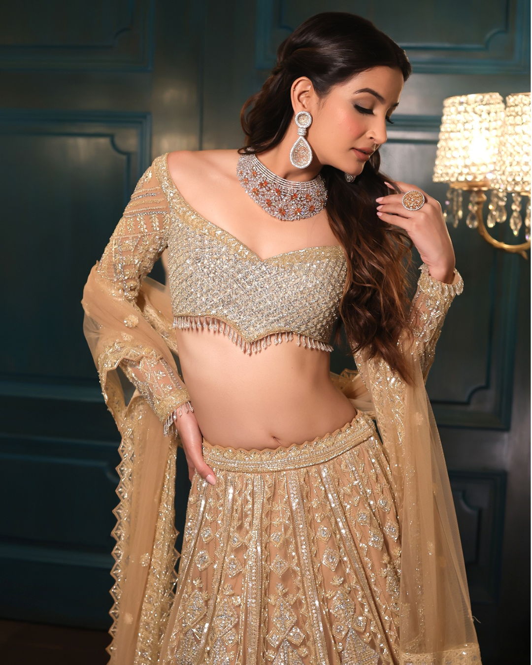 Isa by Dolly Wahal - Light Gold Net Sequins Embroidered Lehenga Set