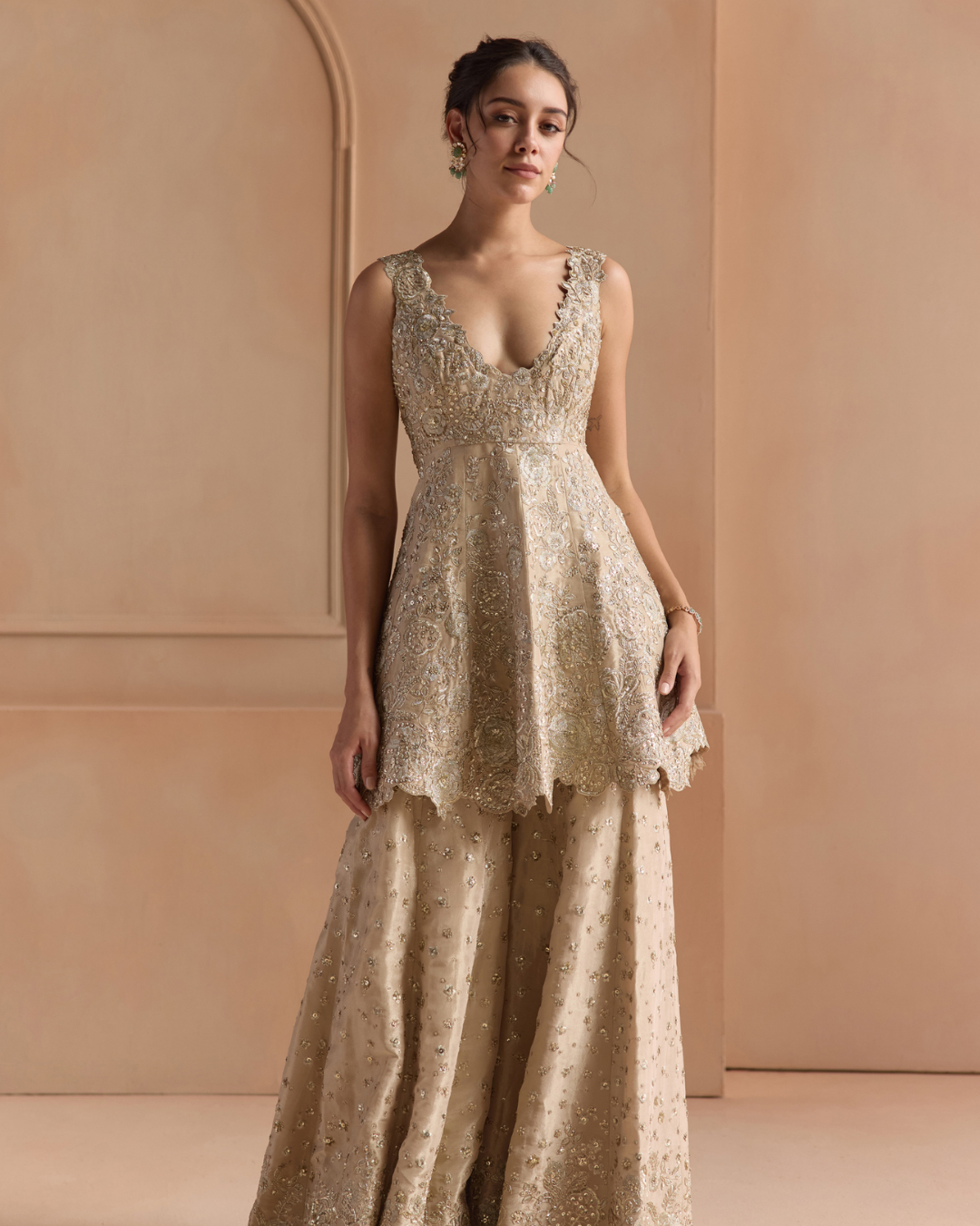 Osaa By Adarsh - Beige Champagne Peplum Garara Set From Off The Record