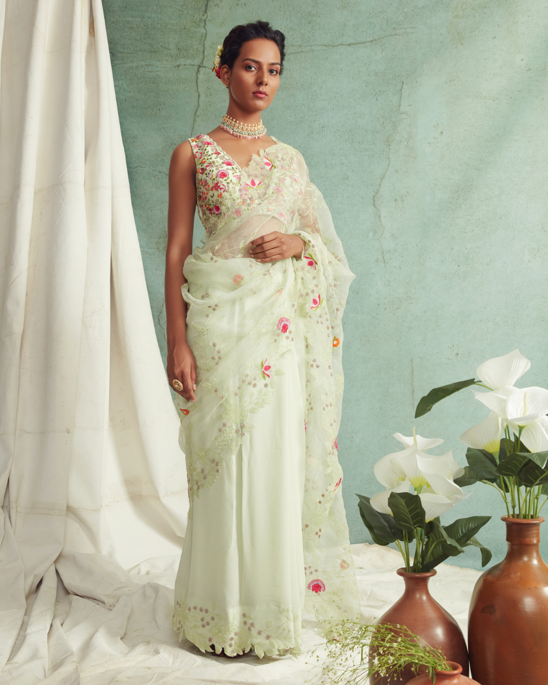 Priyanka Jain - Saree With V Neck Embroidered Blouse From Love Of Tomorrow