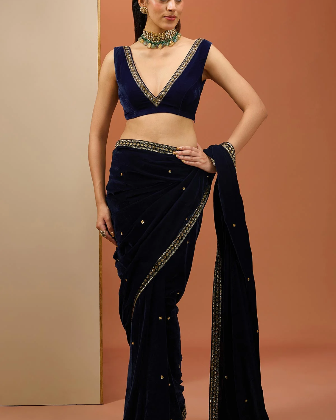 Esha Koul - Blue Velvet Saree Set From Noor