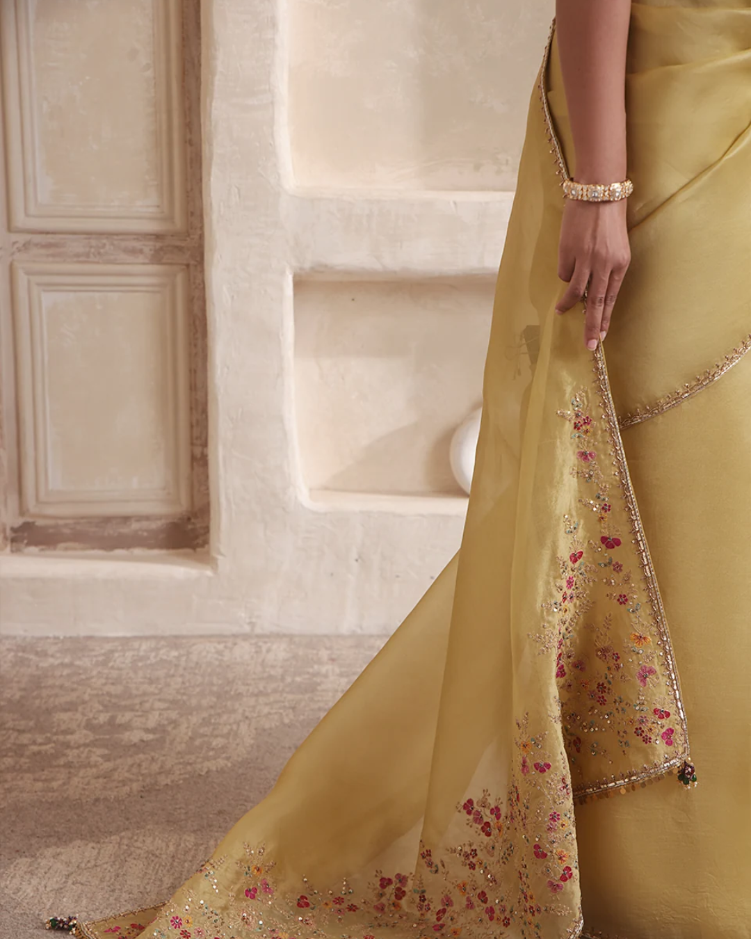 Niti Bothra - Zar-Rang Olive Green Multicolor Resham Saree Set