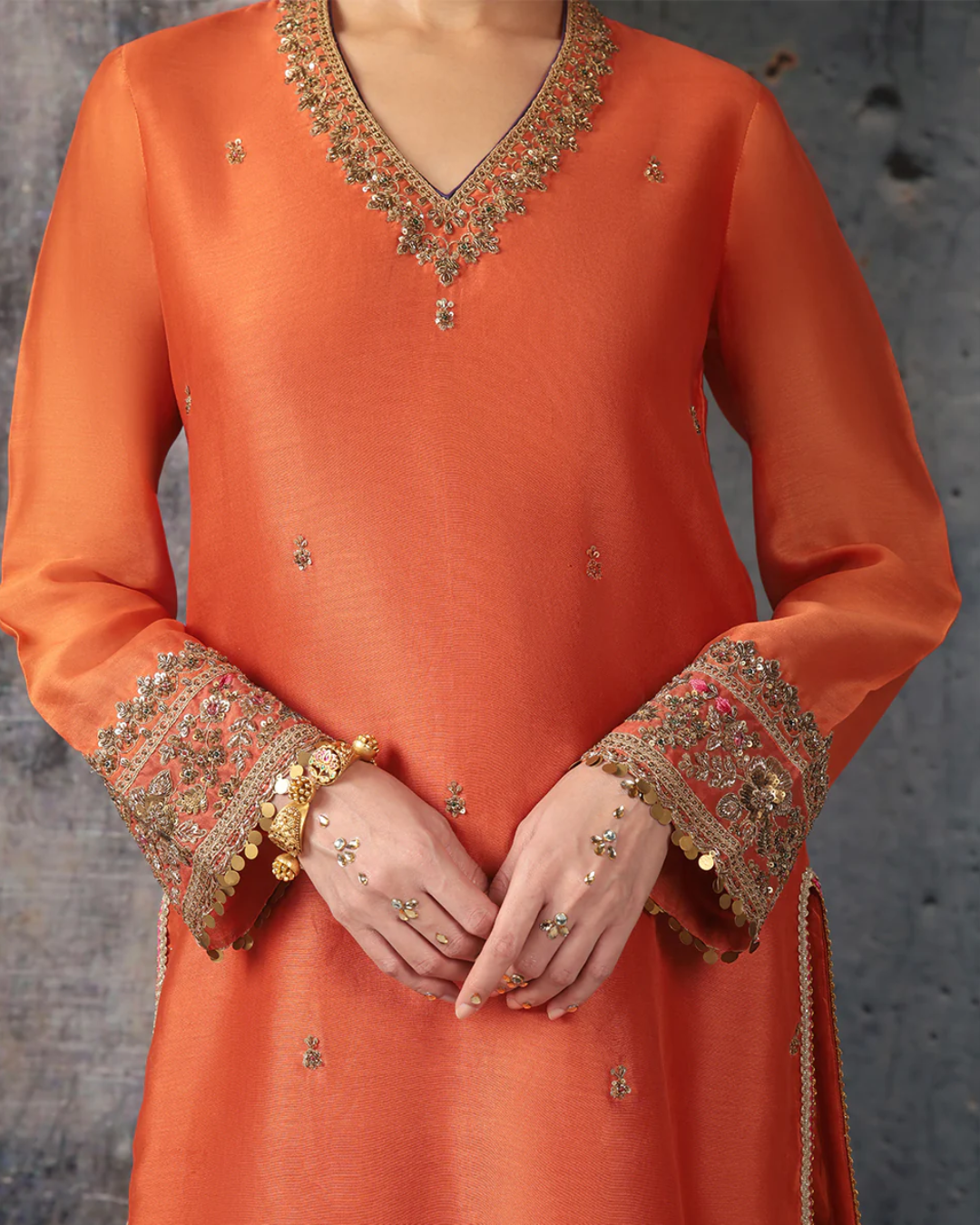 Niti Bothra - Mehrang Orange V Neck Short Kurta Set