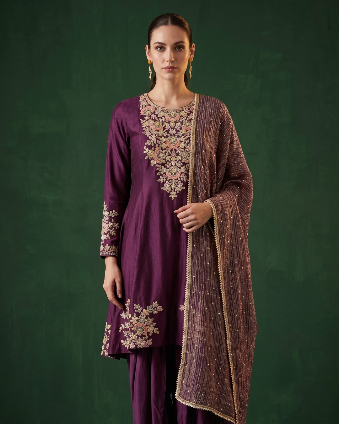 Basanti Kapde Aur Koffee - Regal Mulberry Embroidered Dhoti Set From Suits & Shararas