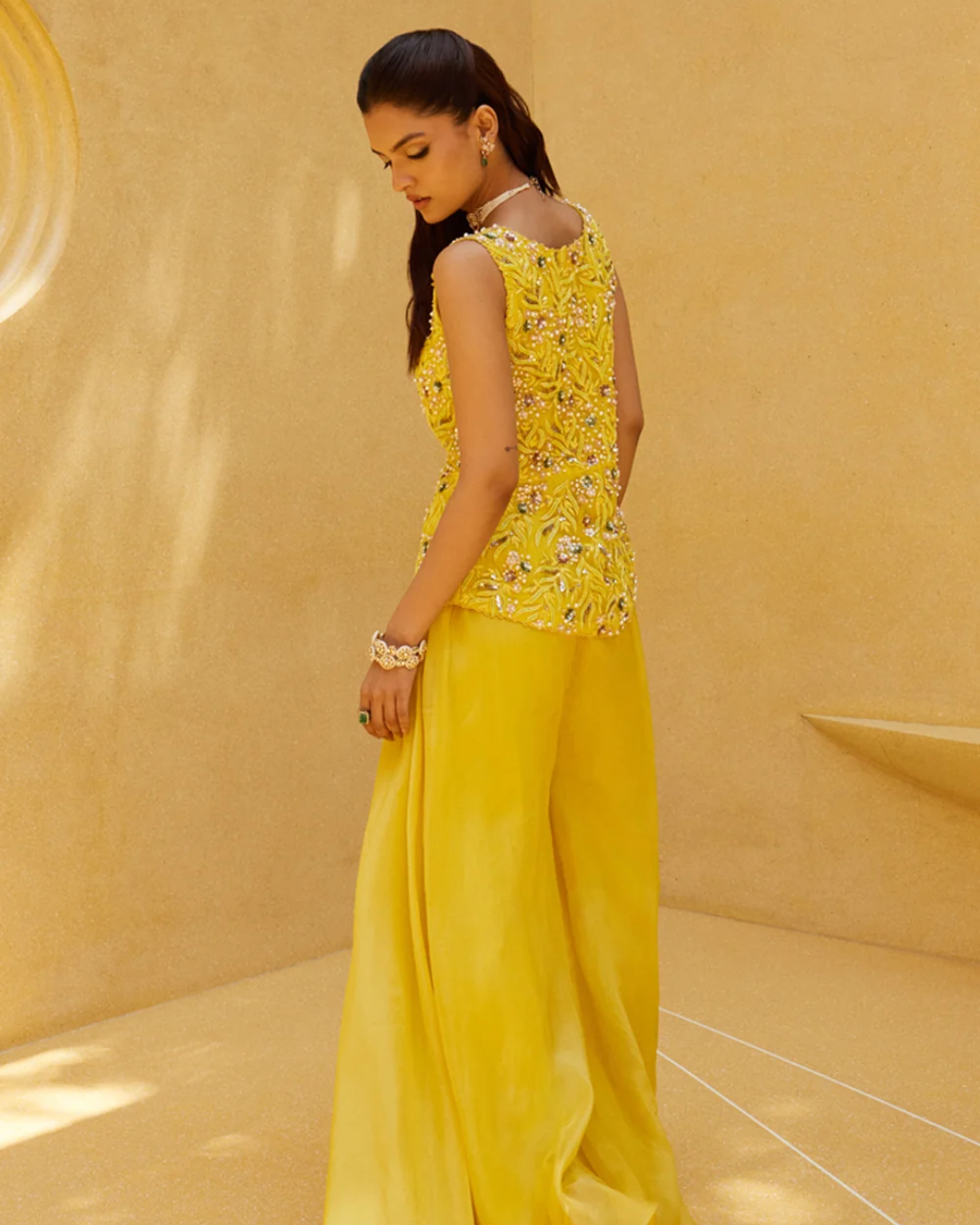 Prevasu - Yellow Jacket And Divided Skirt Set From Eraya
