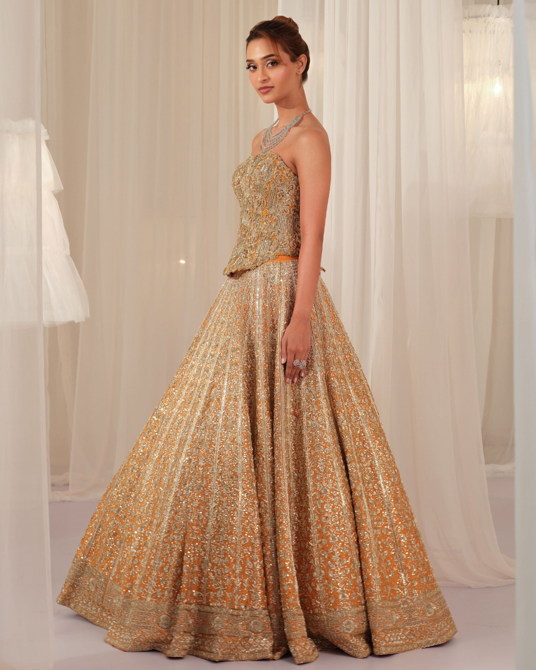 K&A By Karishma And Ashita - Burnt Orange Raw Silk Lehenga With Corset & Dupatta From First Love