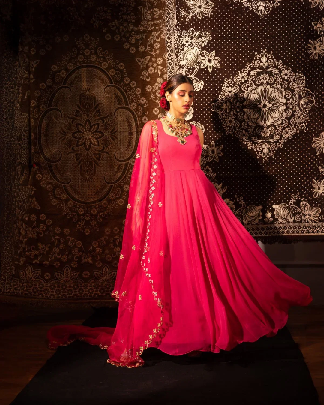 Anisha Shetty - Rasberry Pink Anarkali With Scallop Gota & Mirrorwork Dupatta From Rangin