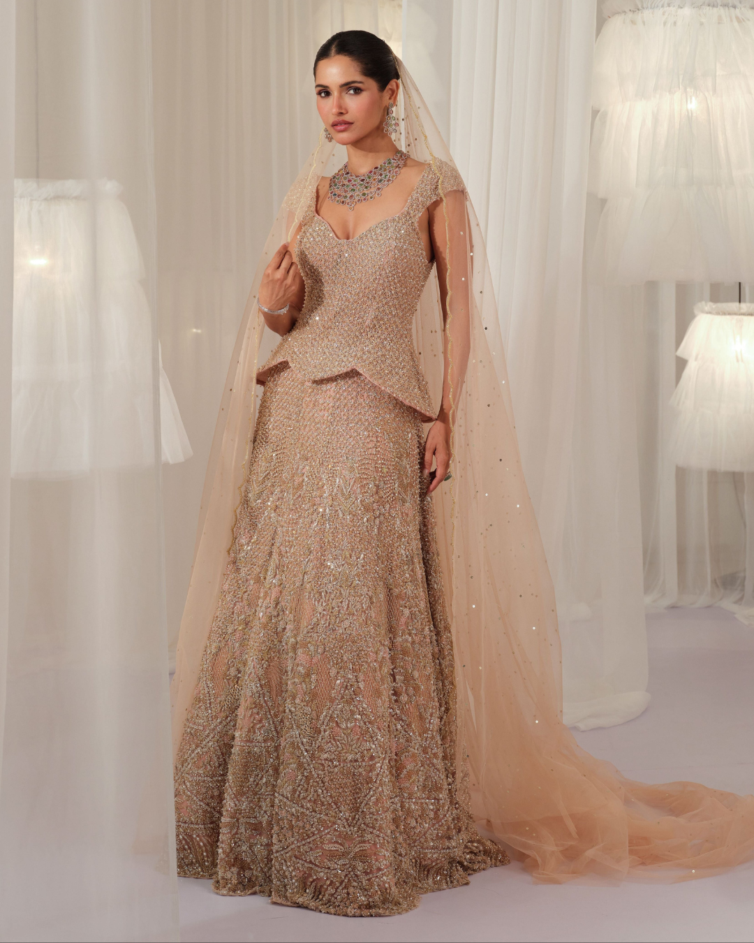 K&A By Karishma And Ashita - Soft Blush Hand Embellished Peplum Corset With Lehenga & Dupatta From First Love