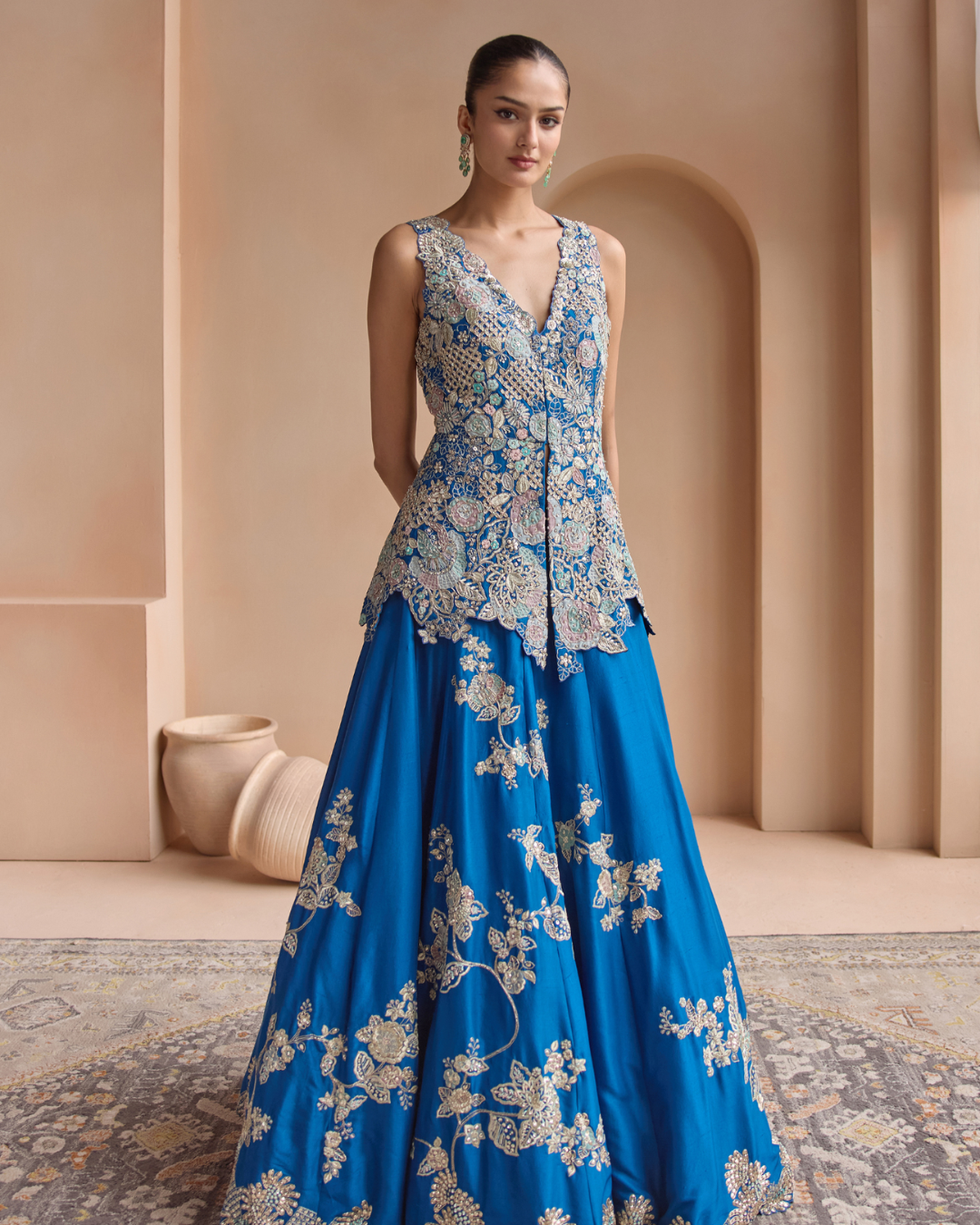 Osaa By Adarsh - Jade Blue Embroidered Peplum Lehenga Set From Off The Record