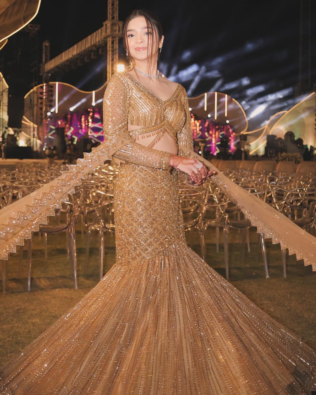 Isa by Dolly Wahal - Antique Gold Net Cutdana & Crystal Embroidered Fishcut Lehenga Set