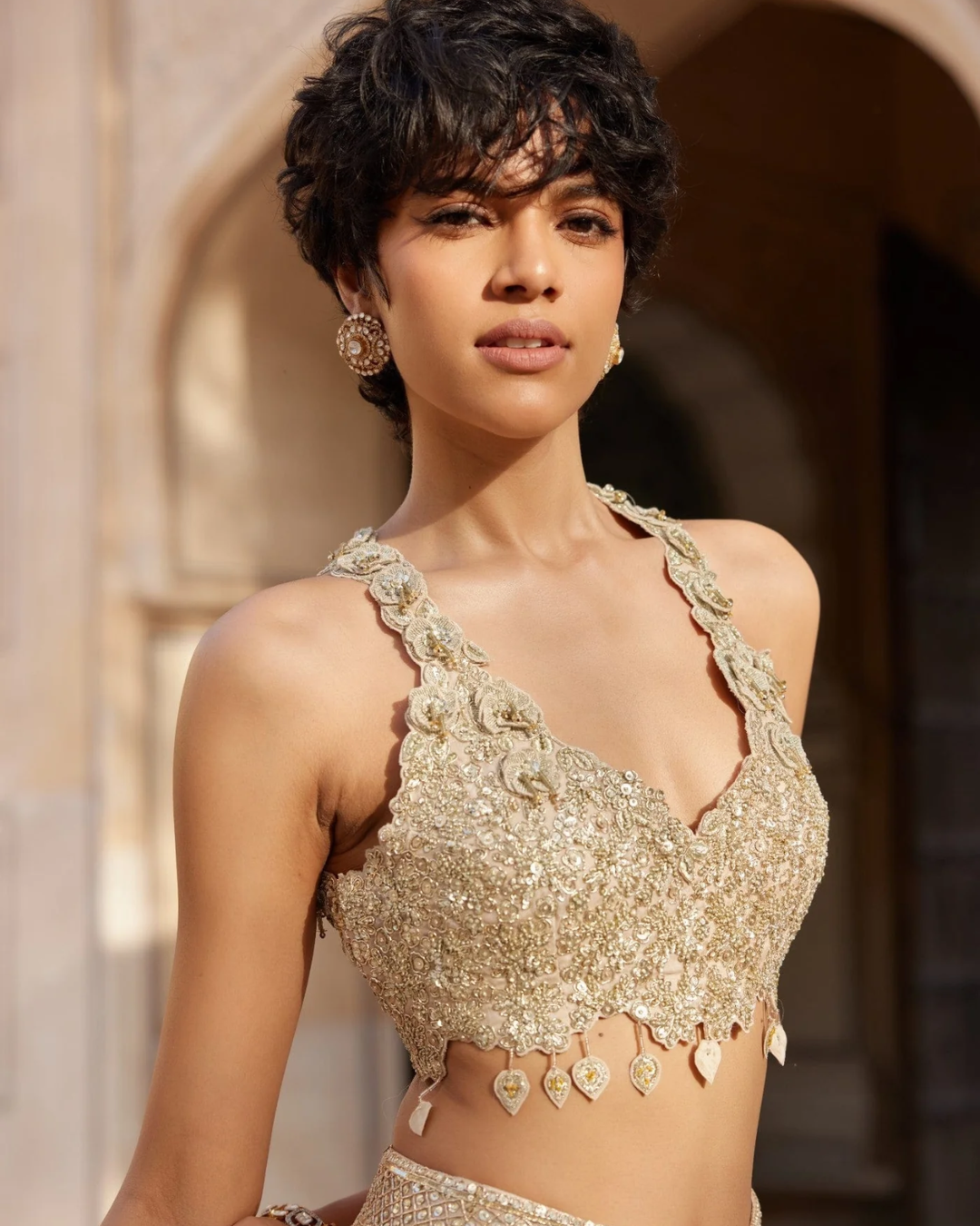 Osaa By Adarsh - Beige Champagne Embroidered Top and Frill Skirt From RASM