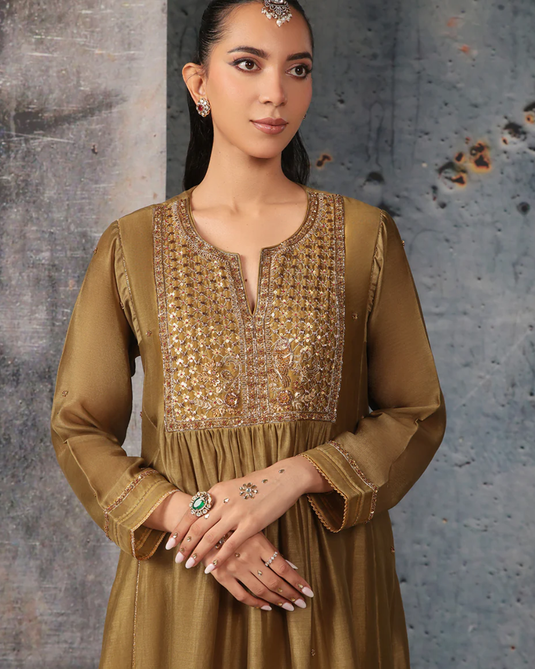 Niti Bothra - Mehrang Olive Green Frockstyle Kurta Set