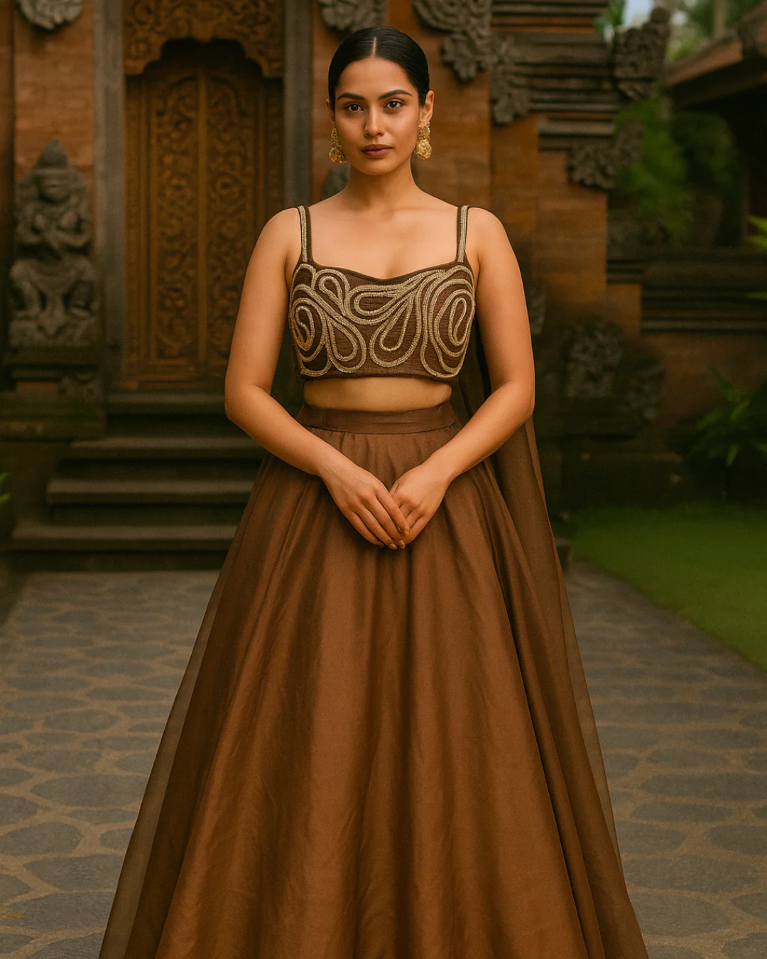 Anisha Shetty - Brown Lehenga With Corded  Blouse & Organza Dupatta