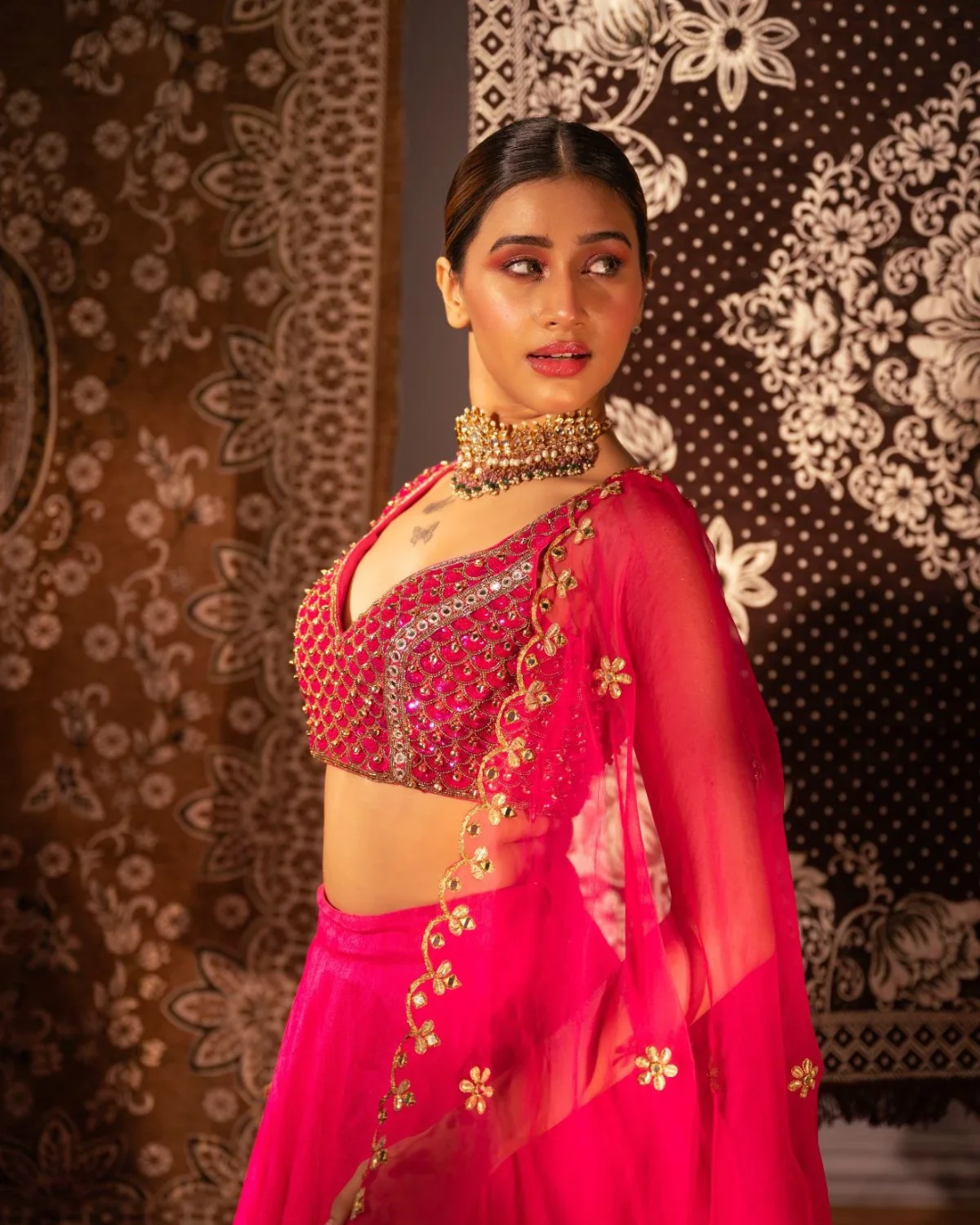 Anisha Shetty - Rasberry Pink Ghungroo Blouse Lehenga Set From Rangin