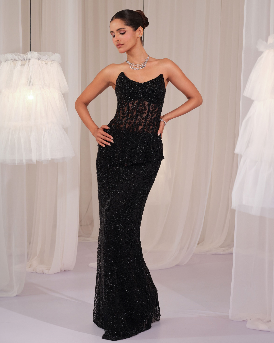 K&A By Karishma And Ashita - Black Embellished Corset With Pencil Skirt From First Love
