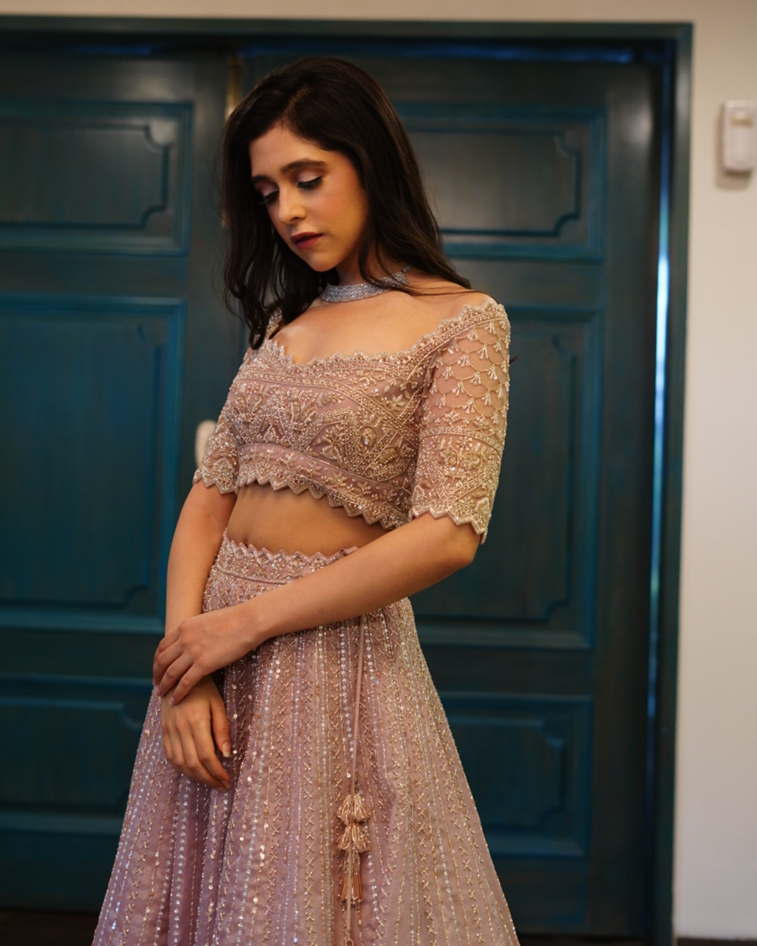 Isa by Dolly Wahal - Champagne Pink Lehenga From Athena