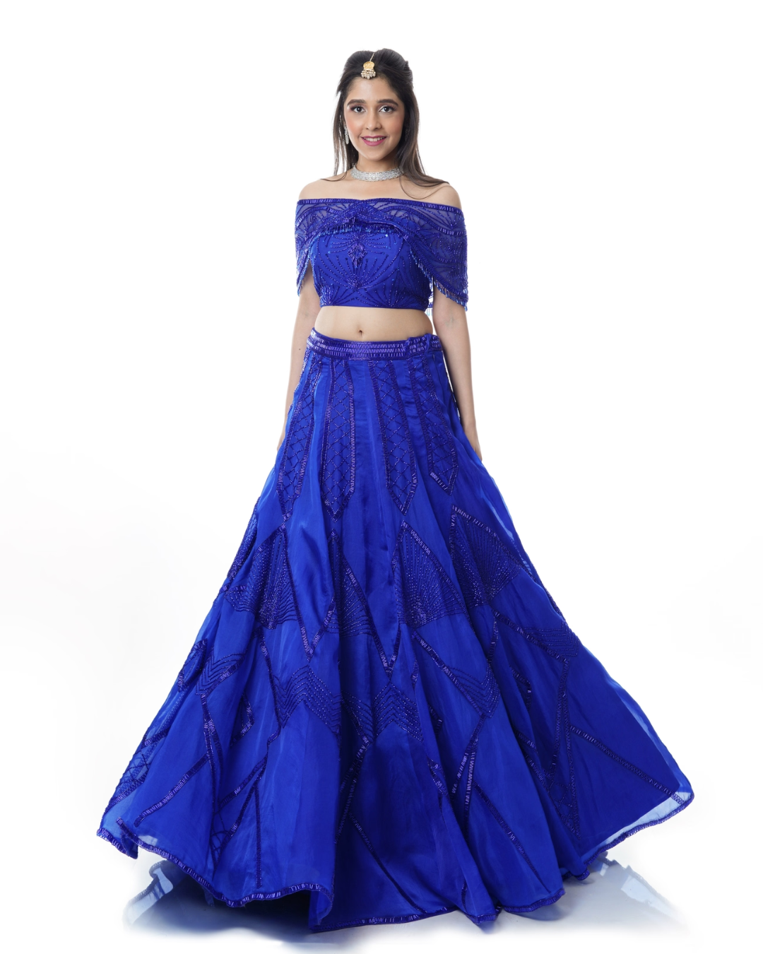 Isa by Dolly Wahal - Royal Blue Off Shoulder Lehenga From Athena