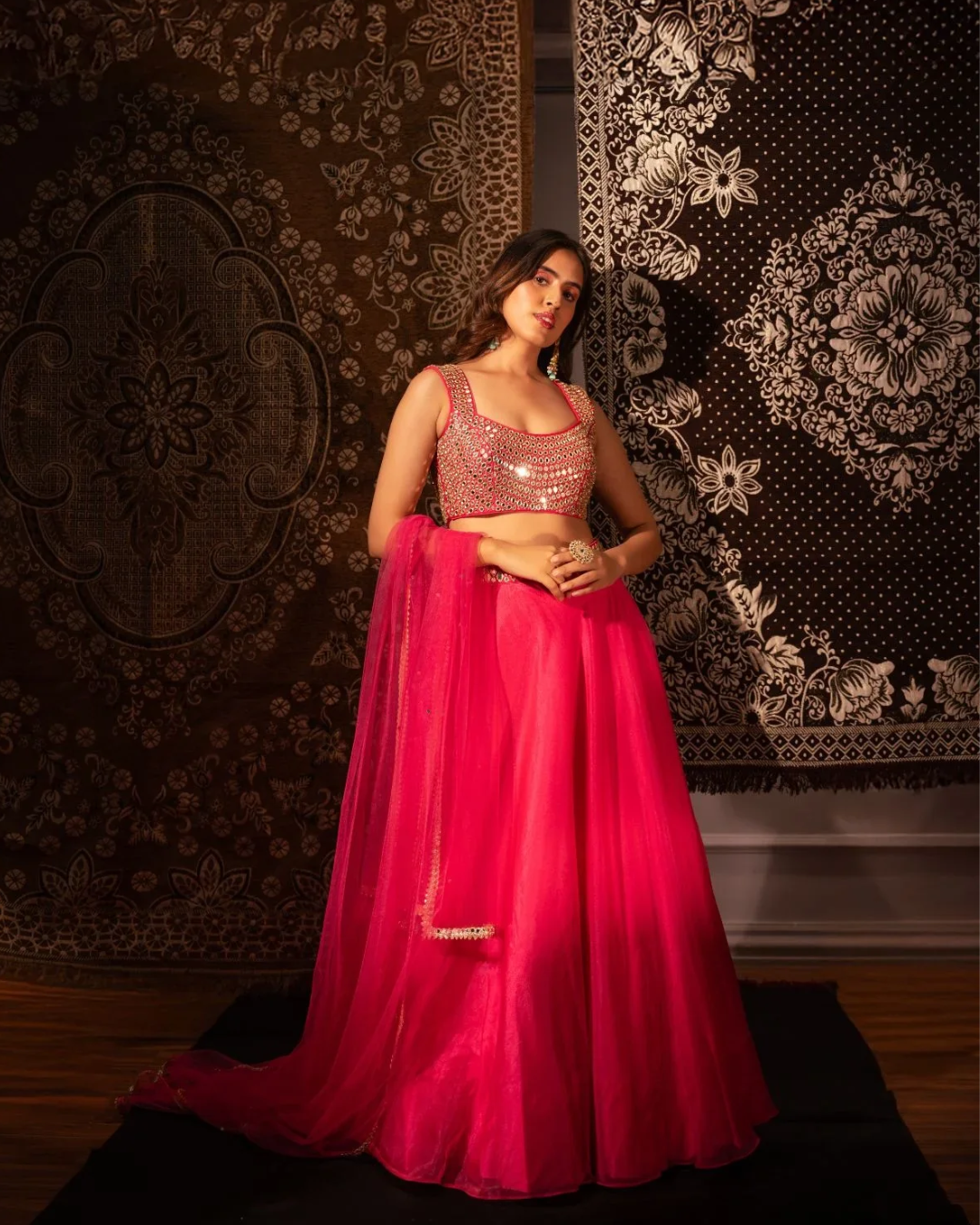 Anisha Shetty - Rasberry Pink Organza Lehenga Set From Rangin