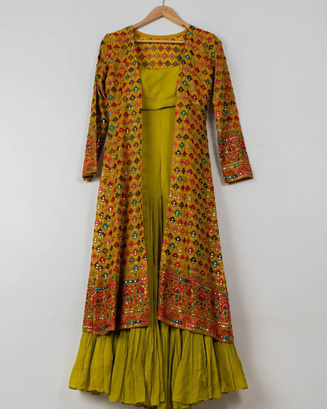 Anisha Shetty - Charteuse Green Sharara With Yellow Multicolor Jacket From Rangin