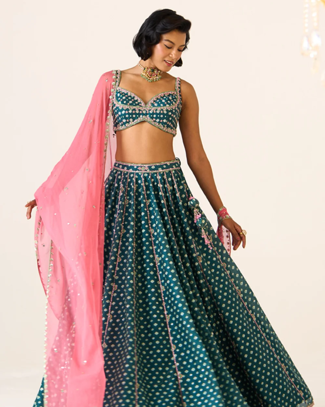 Prevasu - Teal Printed Lehenga Set From Gulabo