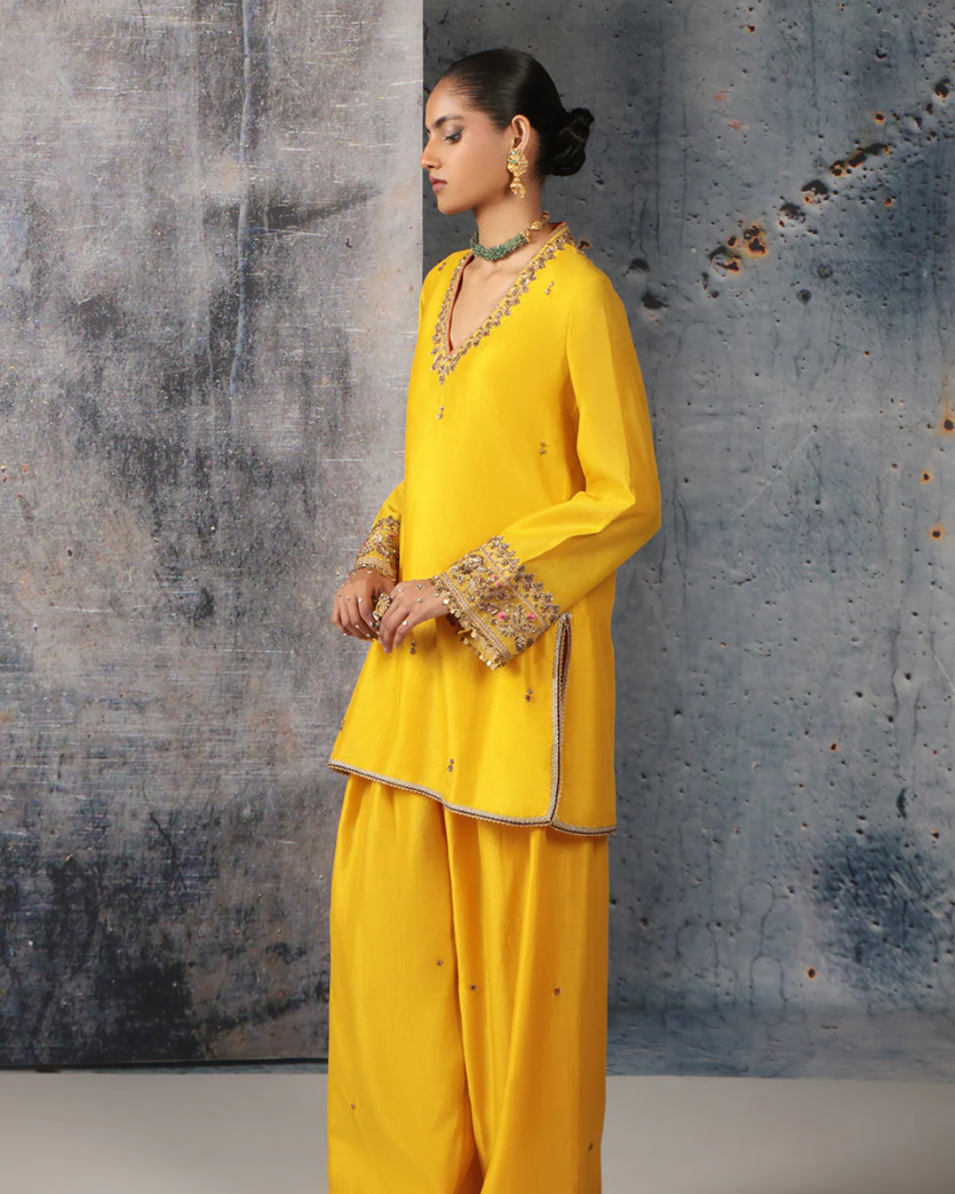 Niti Bothra - Mehrang Yellow V Neck Short Kurta Set