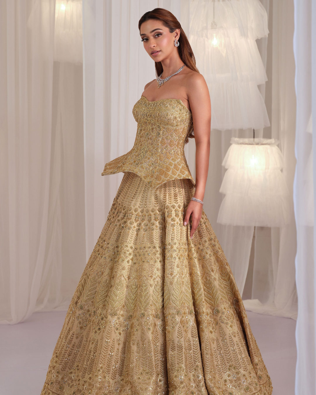 K&A By Karishma And Ashita - Gold Hand Embellished Sculpted Corset With Raw Silk Lehenga & Dupatta From First Love