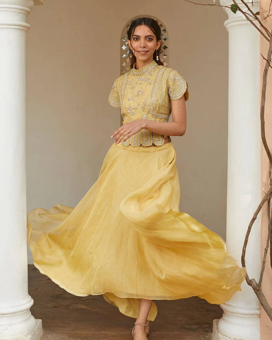Osaa By Adarsh - Taupe Lemon Optical Embroidered Top and Skirt From RASM