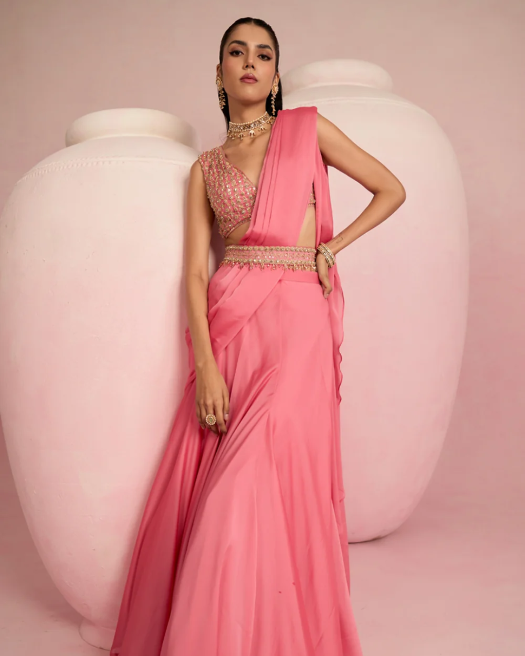 Prevasu - Pop Pink Lehenga Saree From Solene