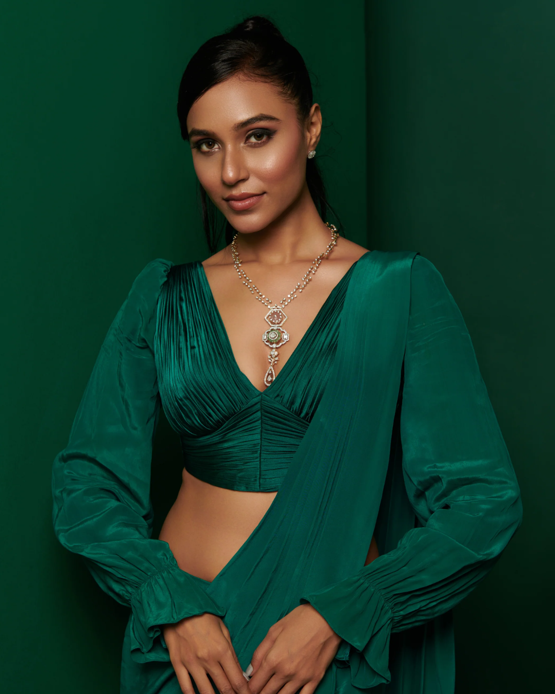 K&A by Karishma and Ashita - Bottle green gathered blouse with skirt drape saree From Barre Oblique