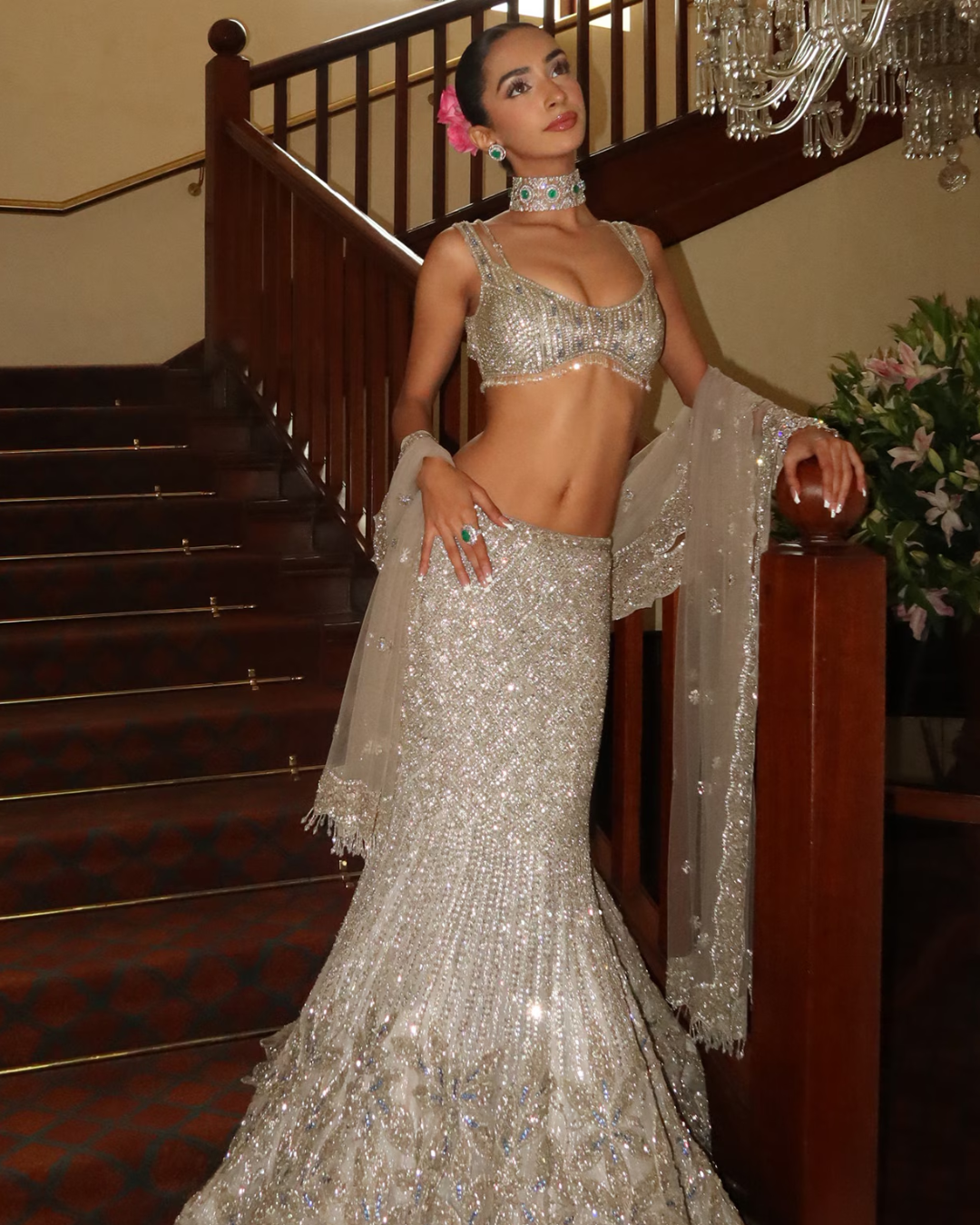 Isa by Dolly Wahal - Silver Serena Fishcut Lehenga From Fiori