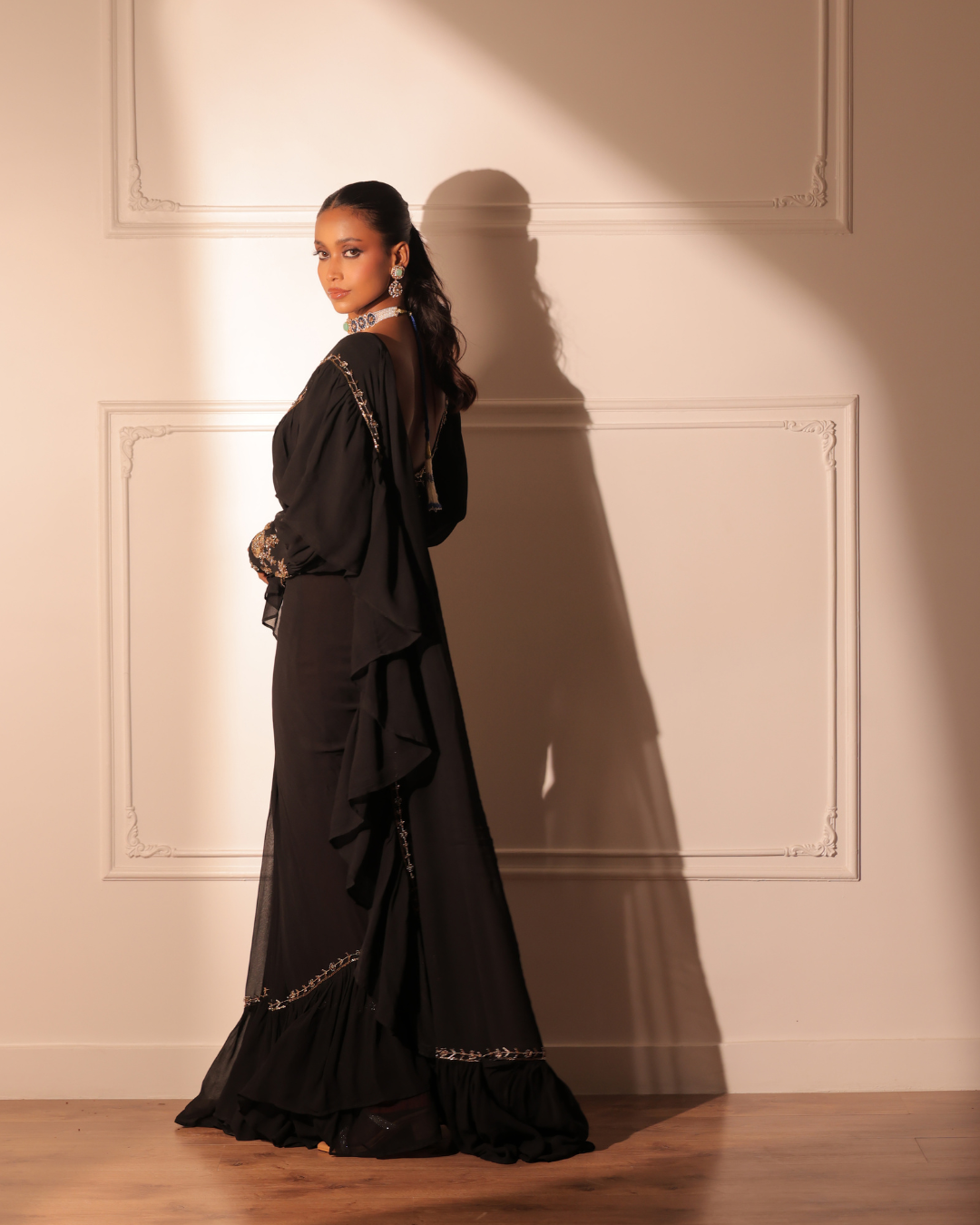 Sonali Bansal - Black ruffle drape saree and blouse with belt From Banno Ki Saheli
