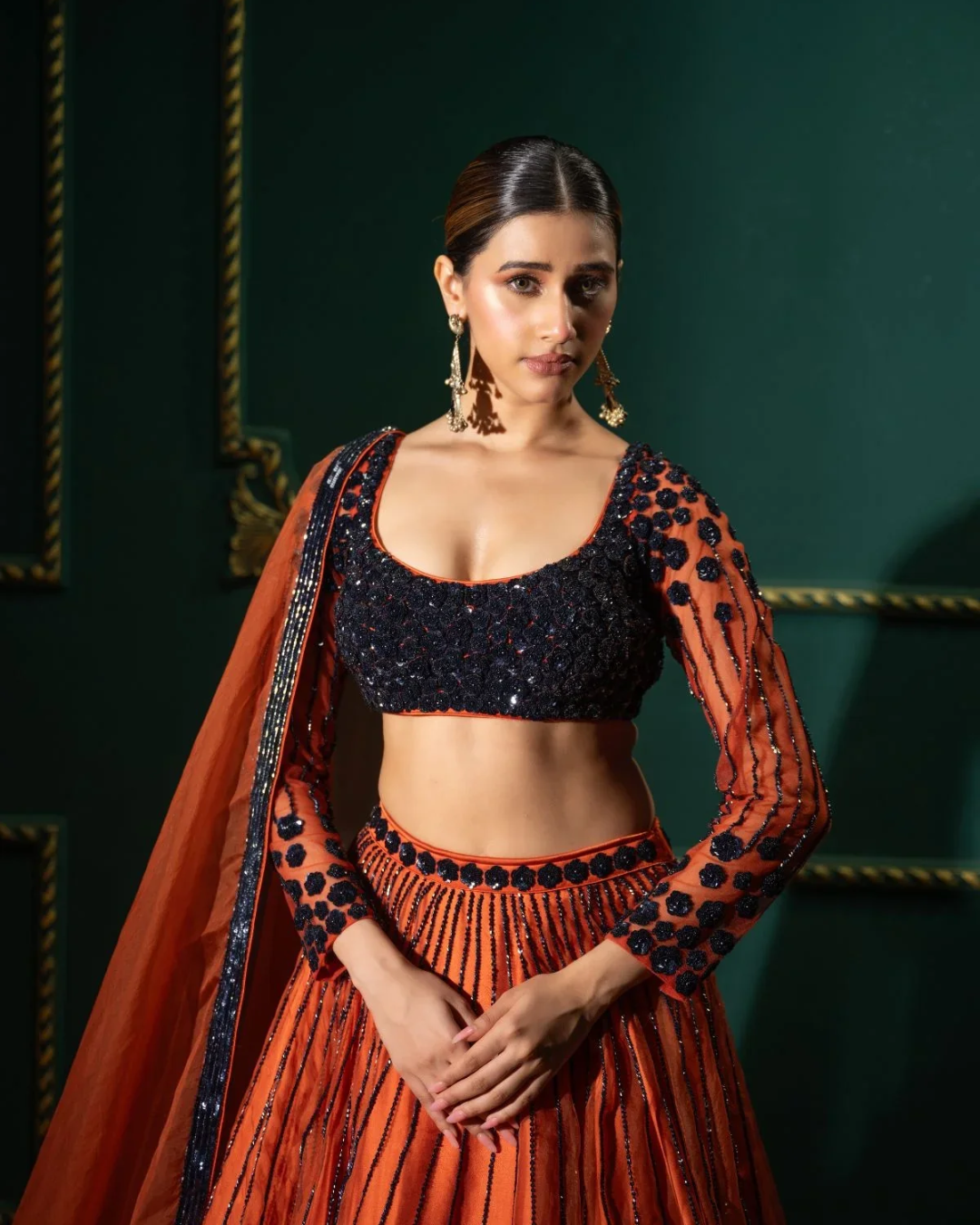 Anisha Shetty - Rust Organge Sequin Lehenga Set From Rangin