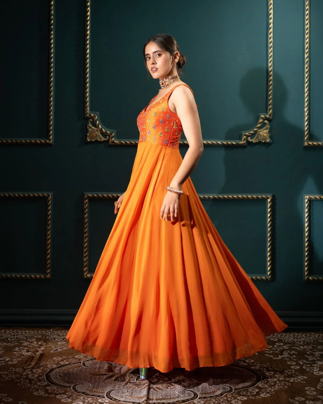 Anisha Shetty - Orange Anarkali With Multicolor Work From Rangin