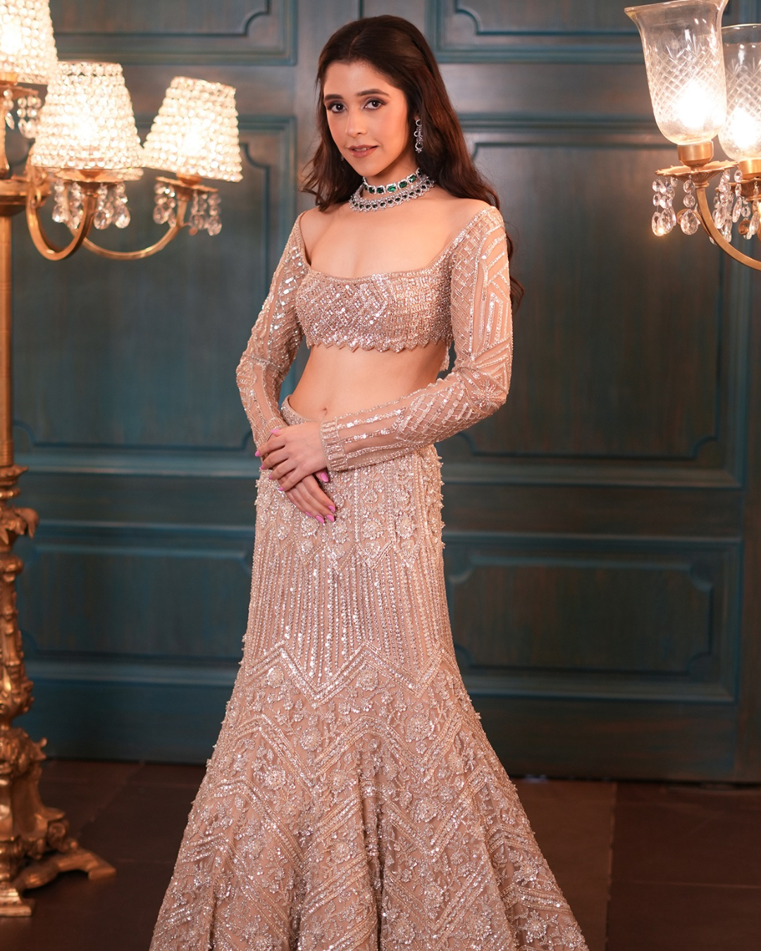 Isa by Dolly Wahal - Light Gold Net Sequins Embroidered Lehenga Set