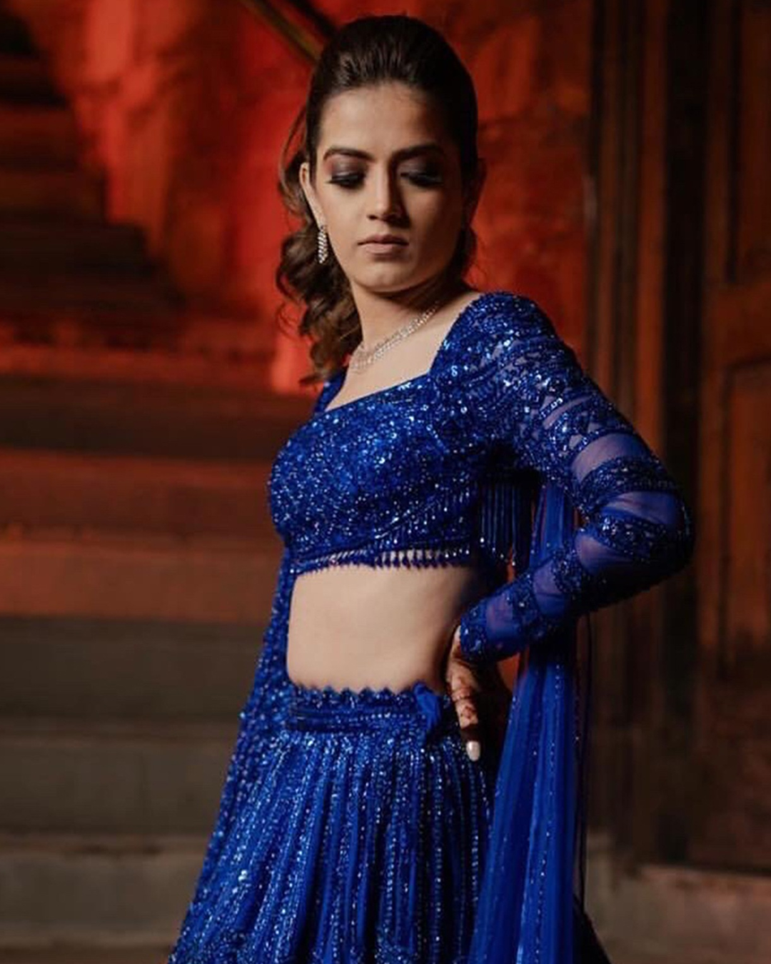 Isa by Dolly Wahal - Blue Net Crystal & Cutdana Embroidered Lehenga Set