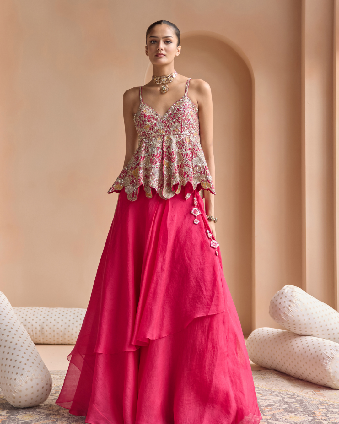 Osaa By Adarsh - Cut Ruby Embroidered Peplum and Skirt Set From Off The Record