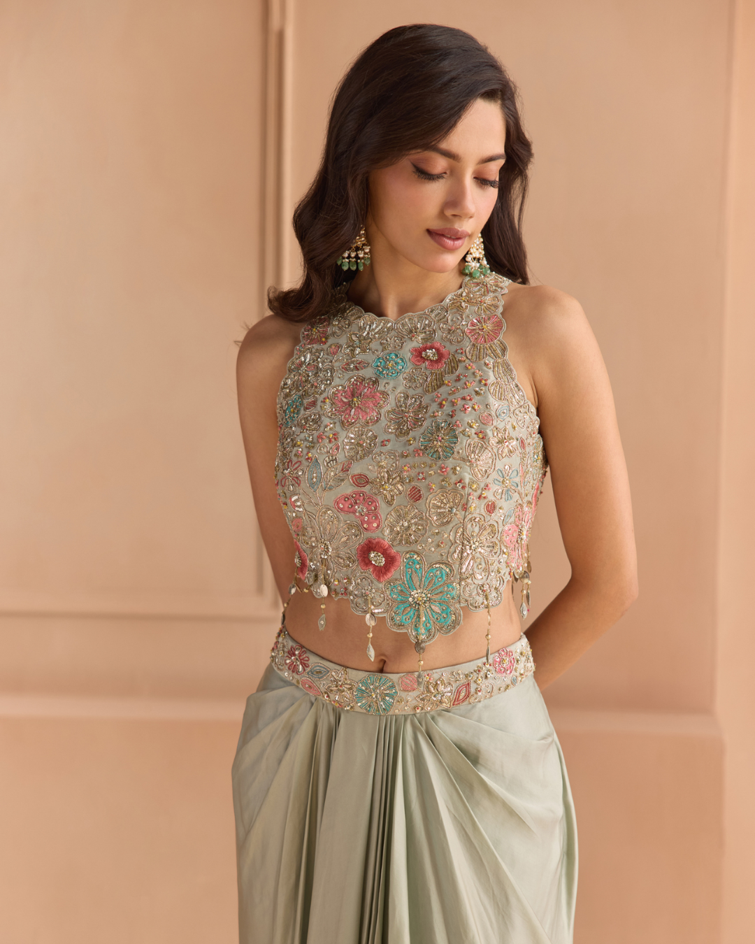 Osaa By Adarsh - Mist Blue Embroidered Top & Skirt Set From Off The Record