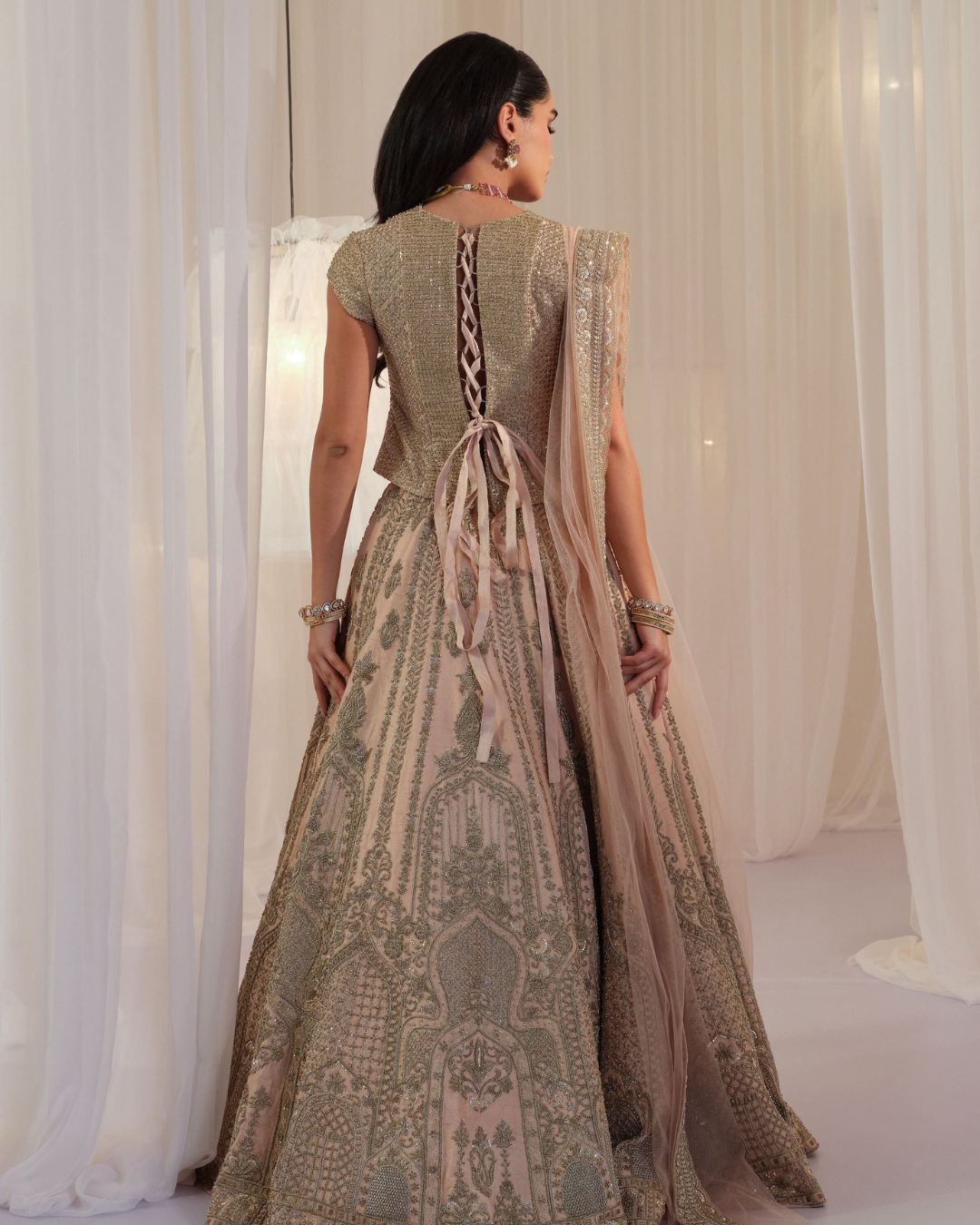 K&A By Karishma And Ashita - Peach Muted Gold Corset With Lehenga & Dupatta From First Love