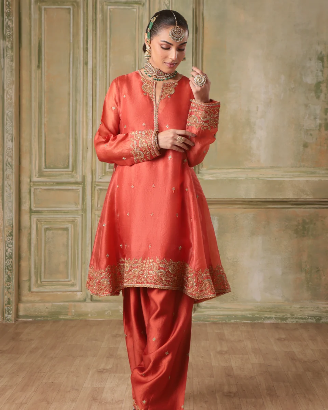 Niti Bothra - Zar-Rang Orange Short Pheran Kurta Set